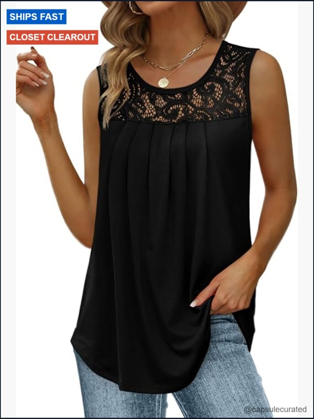 Women's Lace Scoop Neck Tank Top Loose Fit Flowy Pleated Summer Tunic
